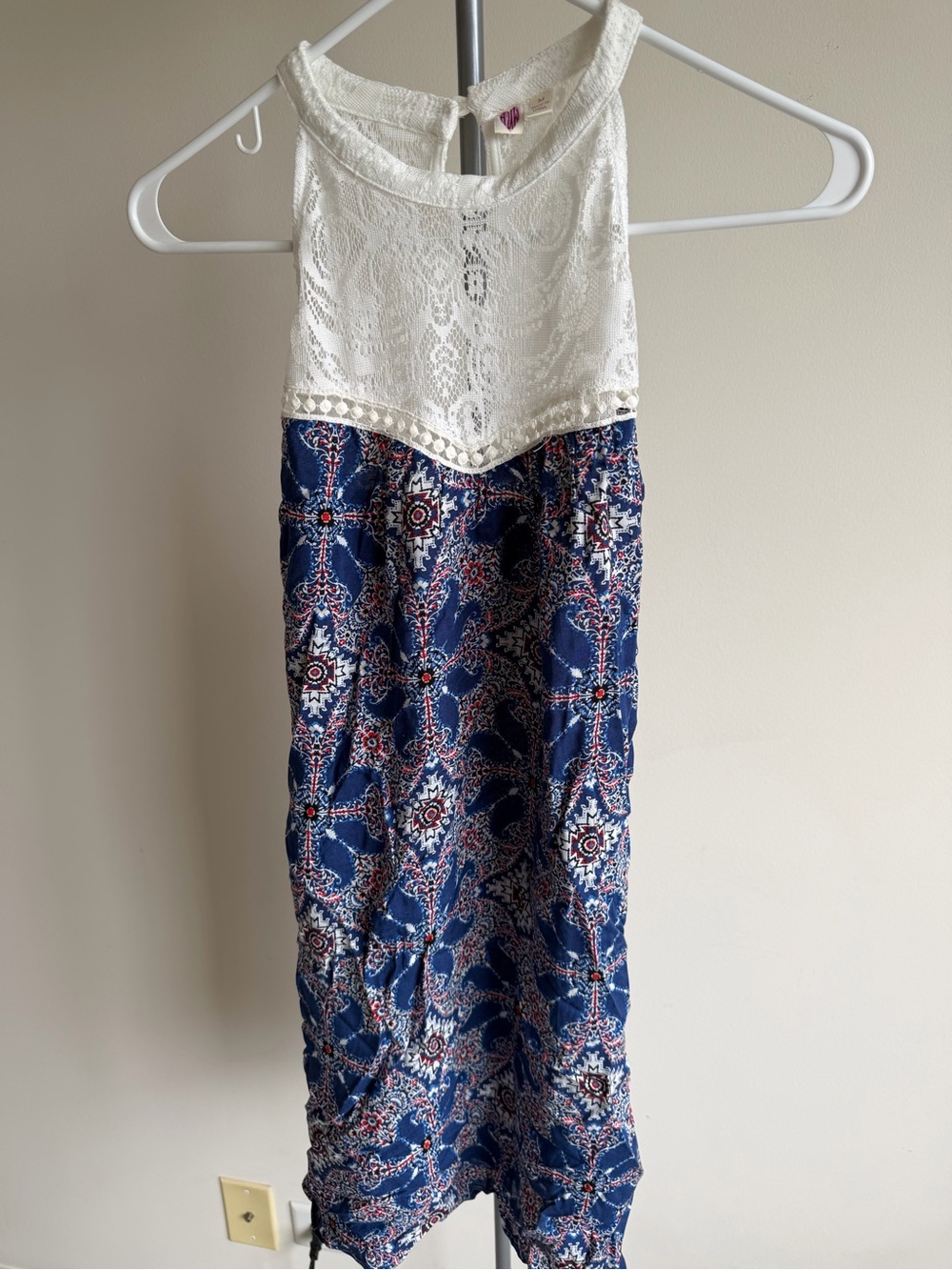 White Lace Top Navy Patterned Dress